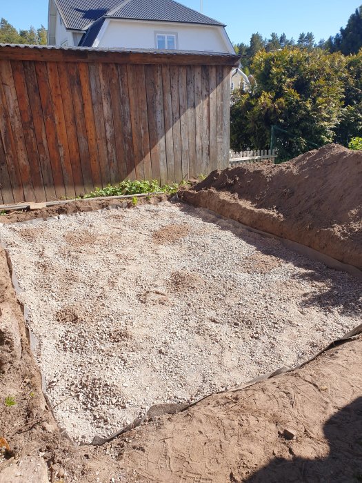 Nylagd markduk med ett lager grus ovanpå i en utgrävd sektion för byggprojekt, nära en trästaket.