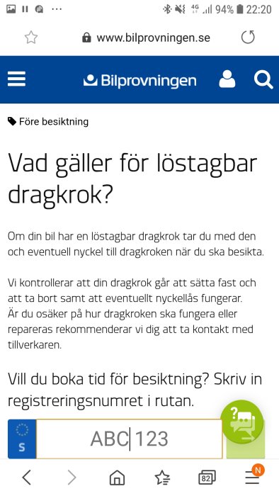 Skärmdump från Bilprovningen med information om löstagbar dragkrok inför bilbesiktning.