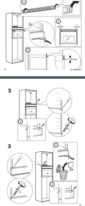 Illustration av monteringsinstruktioner för möbel med detaljbilder och måttangivelser.