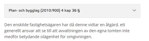 Skärmdump av text från Plan- och bygglagen med regel om fastighetsägares ansvar.