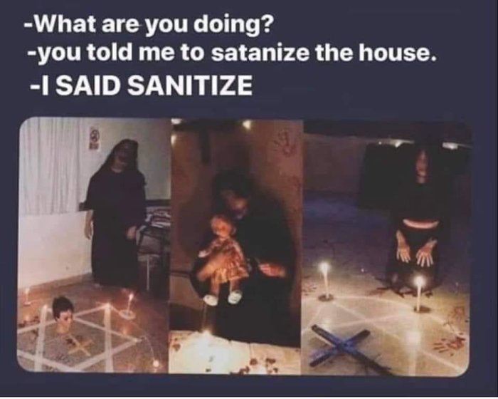 Humoristisk bild med personer som iscensätter en ockult ritual som ordlek på ordet "sanitize".