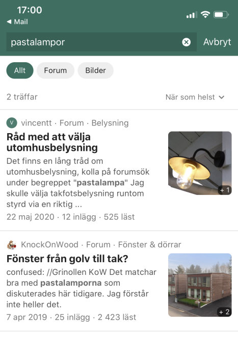 Skärmdump av ett sökresultat för "pastalampor" på ett diskussionsforum med inläggstitlar och en bild av en lampa.