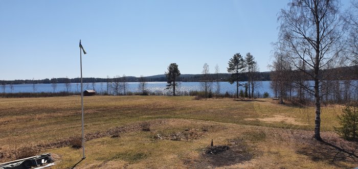 Solig utsikt över en gräsmatta med svensk flagga framför en sjö med träd runtomkring.