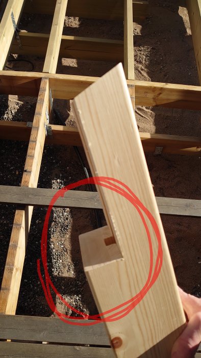 Obehandlad trästolpe som hålls över regelverk för altan med markerad yta som berörs av frågan om behandling.