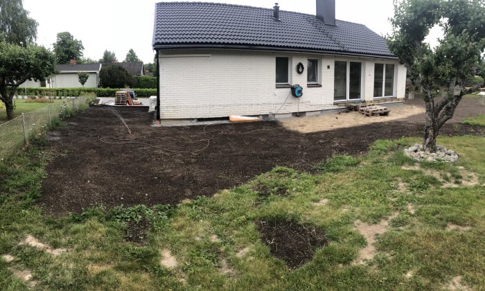 Nysådd gräsmatta på husets baksida, byggmaterial synligt, grovbetongarbete vid infart.