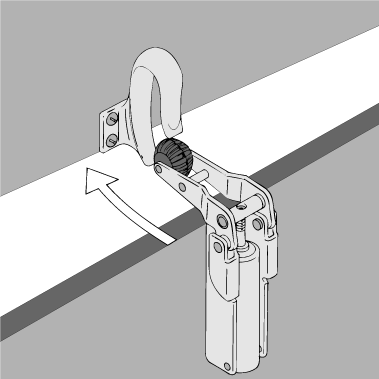 Illustration av en dörrtillslutare som kan skjutas eller dras med handtag, föreslagen för att hålla dörren stängd.