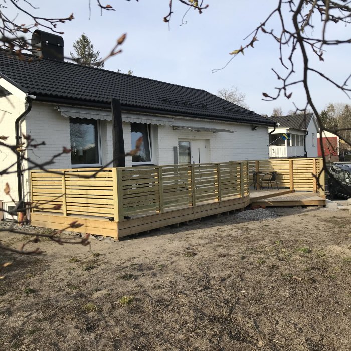 Nybyggd träaltan med säkerhetsräcke och barngrind framför vit enplansvilla, sett genom grenar.