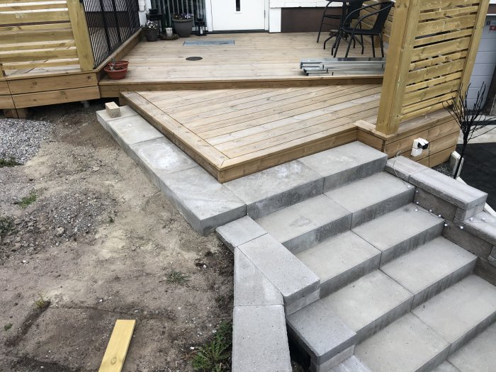 Nybyggd trappa med betongsteg som leder upp till en träaltan med anpassat räcke mot gräsmatta.