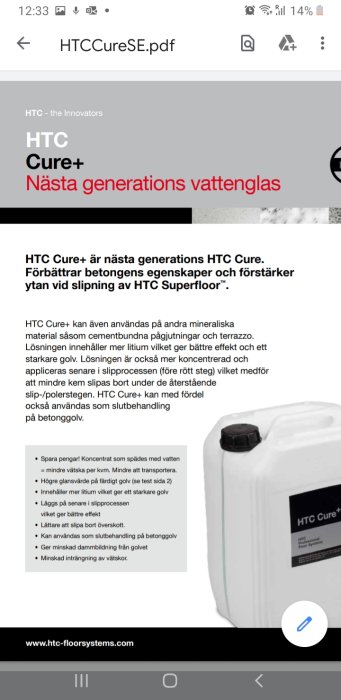 Skärmdump av ett PDF-dokument om HTC Cure+ för betongbehandling och dess egenskaper.