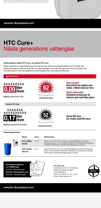 Reklamblad för HTC Cure+, jämförelse av åtgång och glansvärde mellan ny och gammal produkt.