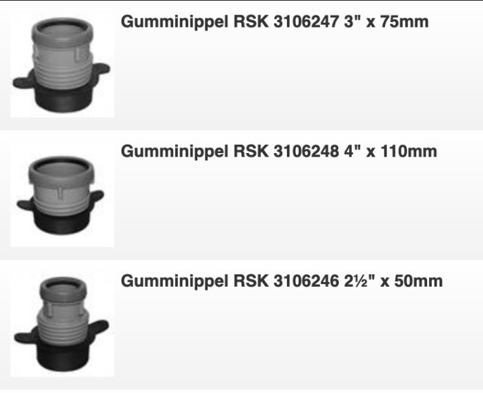 Tre olika storlekar av gumminipplar märkta RSK för röranslutningar.