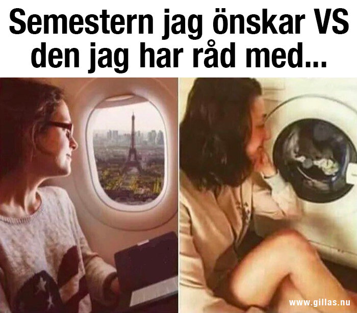 Två jämförande bilder, en kvinna ser ut genom ett flygplansfönster mot Eiffeltornet, den andra tittar på klädtorken, humoristisk bild.