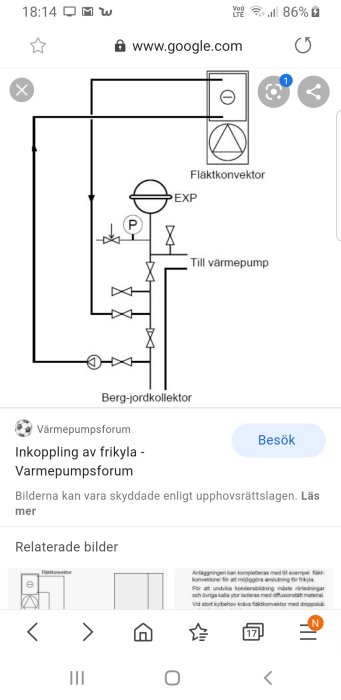 Schematisk ritning av anslutning för fläktkonvektor till värmepump med berg-jordkolektor.