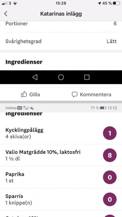 Skärmdump av en mobiltelefon med en lista över ingredienser i en matlagningsapp.