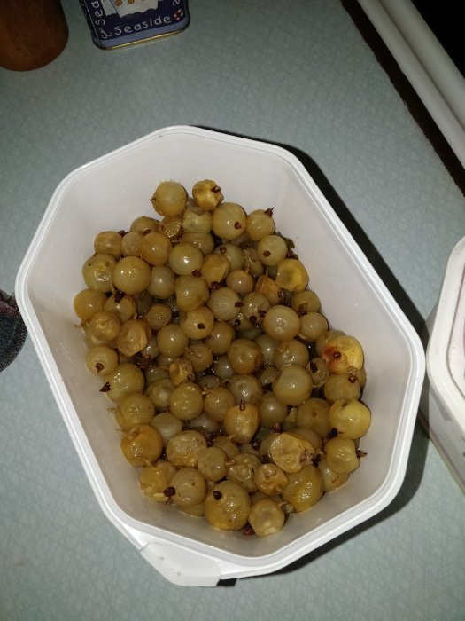 Plastbehållare med frysta vinbär på ett köksbord, bredvid en kryddburk.