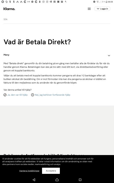 Skärmbild av en webbsida med information om betalningsalternativet "Betala Direkt" hos Klarna.