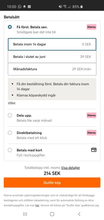 Skärmdump av betalningsalternativ i en webbutik med olika betalningsmetoder som Klarna erbjuder.