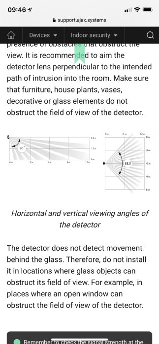 Diagram och text som visar rätt placeringsvinklar för en rörelsedetektor och påminnelse om att inte blockera sensorns synfält.