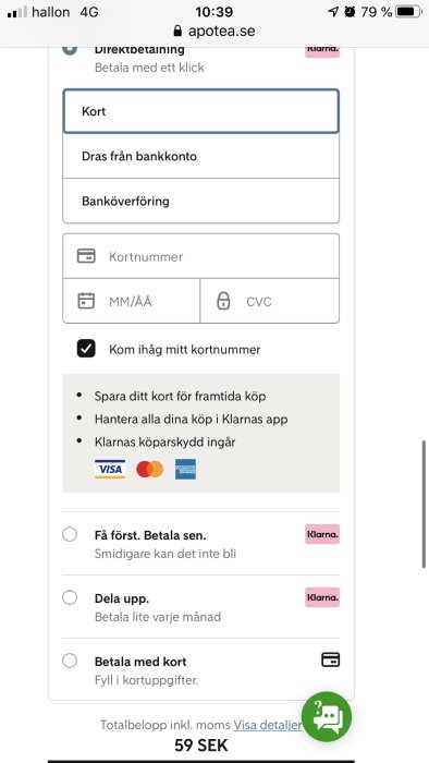 Skärmdump av betalningsalternativ på en webbsida med direktbetalning, kortinformation och Klarna-optioner.