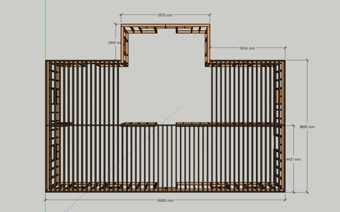Ritning av mellanbjälklag för byggprojekt med dimensioner och spännvidder angivna.