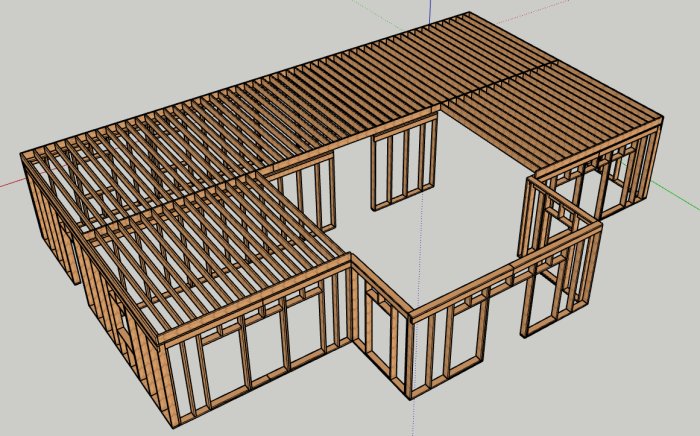 3D-modell av ett träbjälklag med utsatt område för dimensionering.