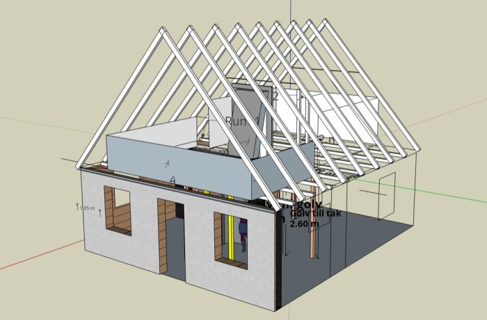 3D-modell av ett 30-tals hus med öppet takstom och ritad trappa för planerad ombyggnad.