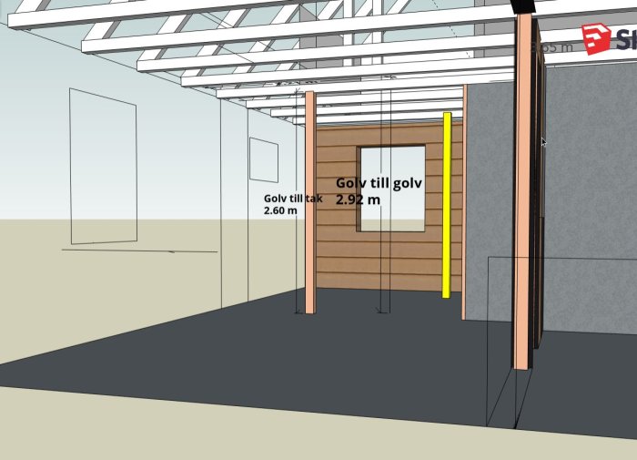 3D-skiss av interiör i ett hus som visar potentiell plats för en ny trappa med måttangivelser.