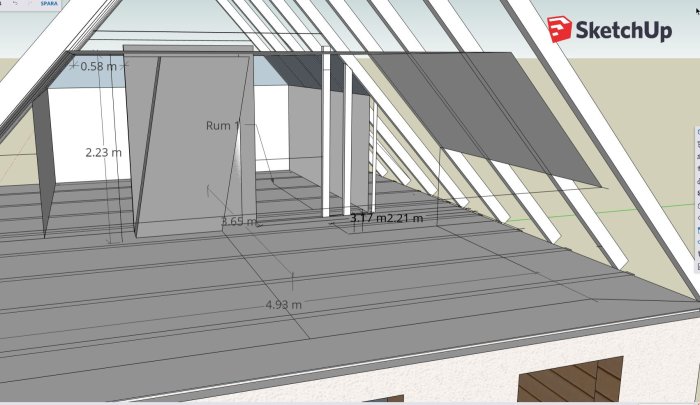 3D-skiss av en vindsvåning med måttangivelser, som visar planerad position för en ny trappa i ett 30-tals hus.