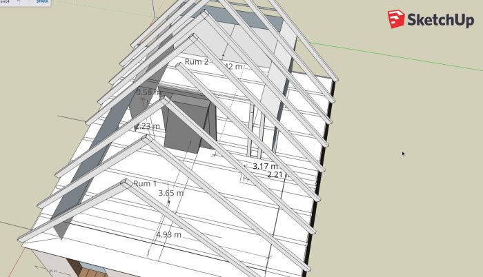 3D-skiss av ett tvåvåningshus med dimensioner, visar övre plan med trappföreslag och rumsuppdelning.