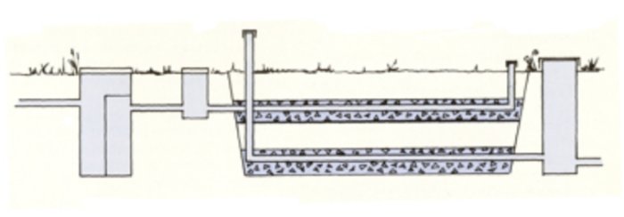 Schematisk illustration av en slamavskiljare ansluten till fördelningsbrunn och markbädd med spridarledningar.