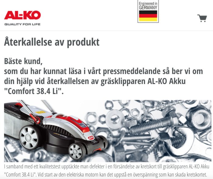 Meddelande om återkallelse av AL-KO batterigräsklippare med bild av modellen "Comfort 38.4 Li" och mekaniska komponenter.