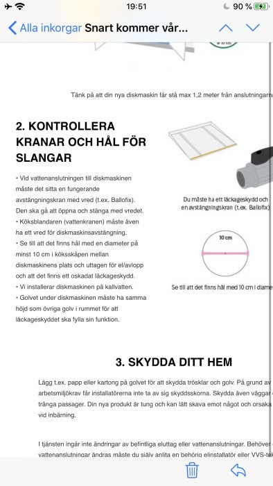 Skärmdump av installationsinstruktioner med fokus på avstängningskran och läckageskydd för diskmaskin.