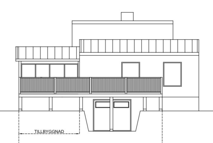 Arkitektritning av ett hus med en planerad tillbyggnad för ett inglasat uterum stödjt av pelare.