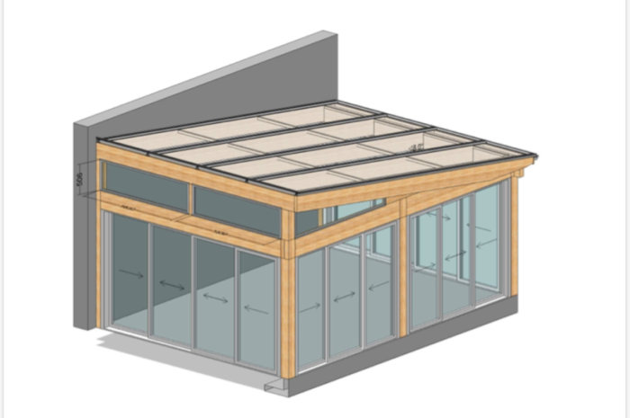 3D-ritning av ett inglasat uterum med fyra pelare och tak av kanalplast, intill en grå husvägg.