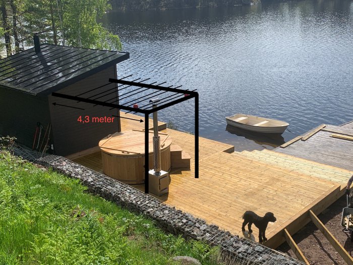 Illustration av planerad pergola med måttmarkerat spann på 4,3 meter vid en sjö med brygga och båt.
