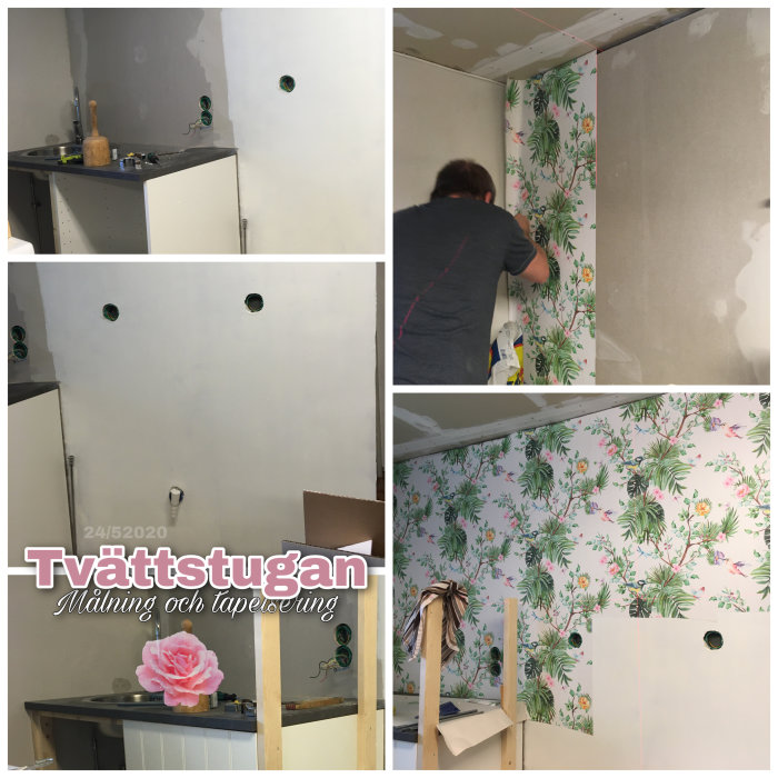 Fyrdelad bild visar steg av tapetsering i tvättstuga med blommig tapet, från tomma väggar till nästan klar.