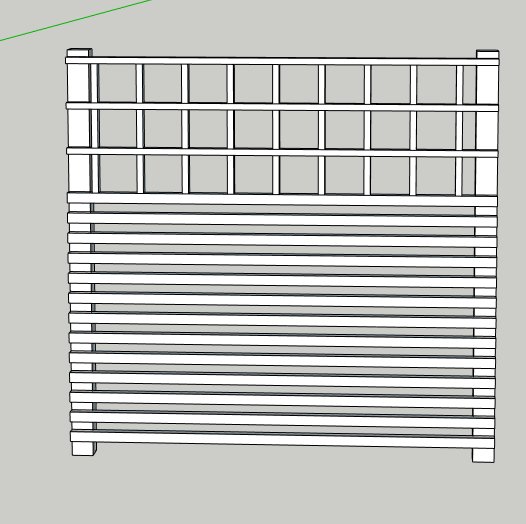 Illustration av ett planerat staket med horisontella ribbor och ett övre nätsektion.