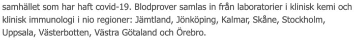 Textutdrag som beskriver insamling av blodprover för covid-19 från klinisk kemi och immunologi i olika svenska regioner.