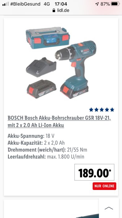 Bosch borrskruvdragare GSR 18-21, två batterier och laddare, i en butiksannons från Lidl.