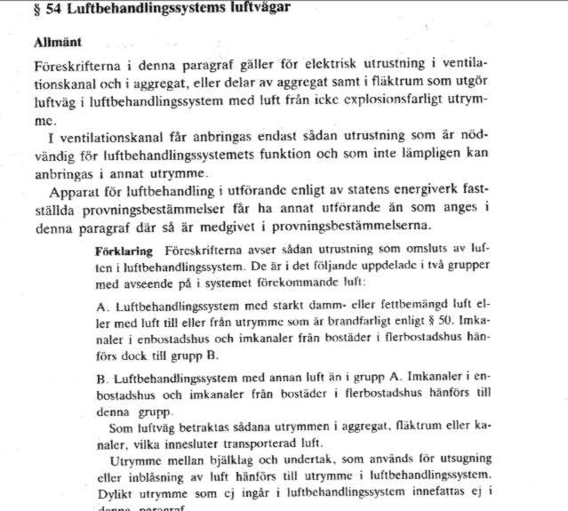 Bild av en sida ur installationsföreskrifterna från 1988 som diskuterar elektrisk utrustning i ventilationskanaler.