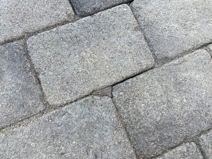 Stenläggning med lossnade partier efter användning av lövblåsare.