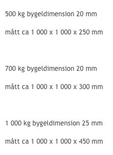 Informationstabell som visar vikten och måtten för betongstenar i olika volymer och bygeldimensioner.