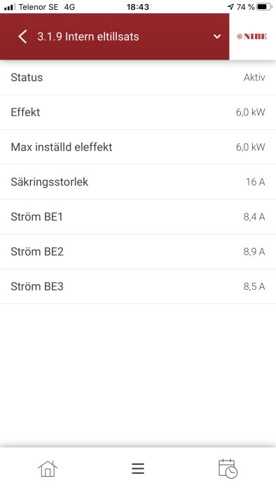 Skärmdump av Nibe bergvärmepumps meny med intern eltillsats, visar status och elektriska värden.