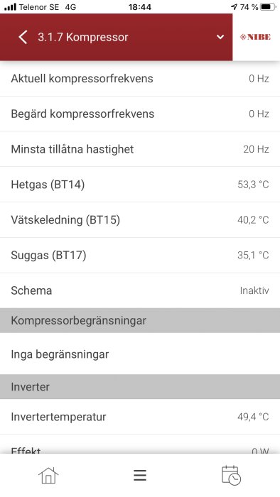 Skärmbild av Nibe bergvärmepumps interface som visar kompressorinställningar och temperaturvärden.