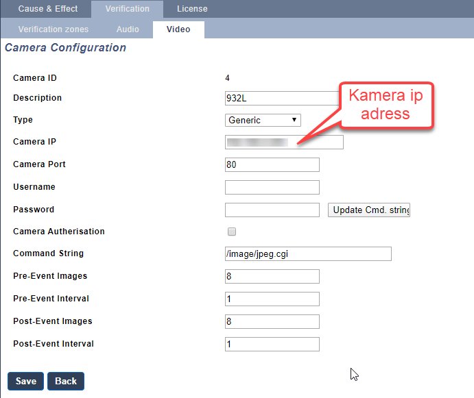 Skärmdump av kamera konfiguration med tomma fält för IP-adress och inloggningsuppgifter.