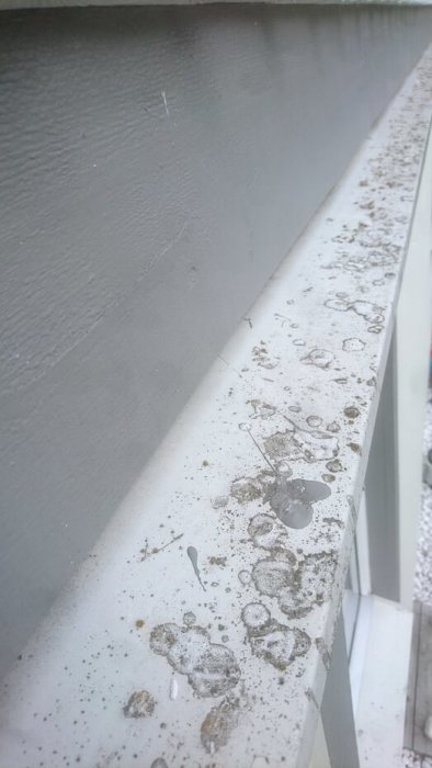 Nederkant av ett hus med ett plåtbleck täckt av gamla färgdroppar och smutsiga påväxter.