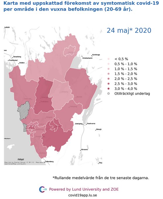 Karta över Västra Götalandsregionen som visar uppskattad förekomst av Covid-19 fall den 24 maj 2020.