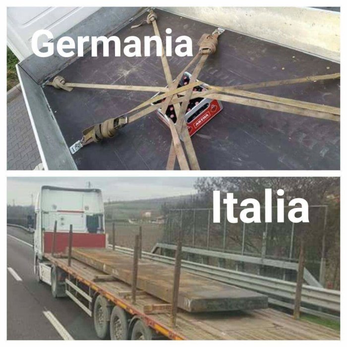 En lastbilssläp med väl säkrade ölbackar, jämfört med ett osäkrat släp med virke.