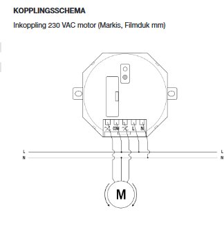 Kopplingsschema för Nexa EJLR-1000 med anslutningar för att styra en 230 VAC motor för markis eller filmduk.