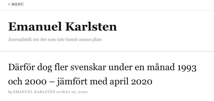 Webbsida av Emanuel Karlsten med artikelrubrik om dödsfall i Sverige under olika månader.